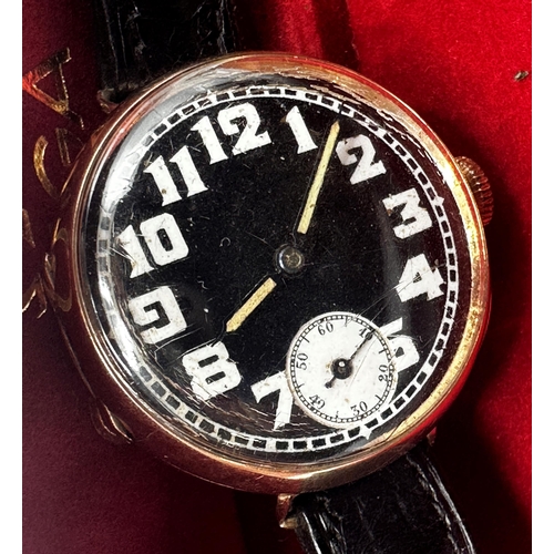 1015 - Good early Rolex 9ct trench watch, 32mm case, black dial with Arabic numerals and subsidiary second ... 