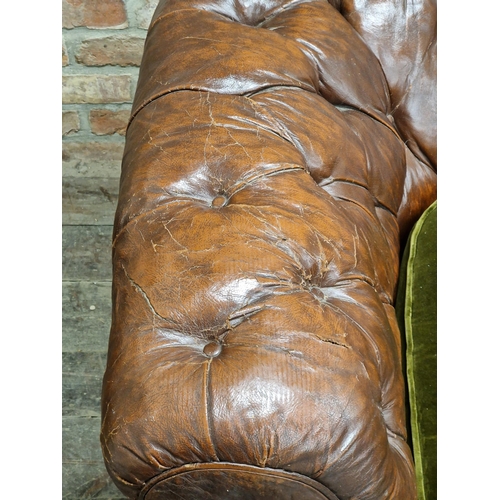 2369 - Victorian button back leather chesterfield sofa with ceramic castors, H 73cm x W 196cm x D 88cm