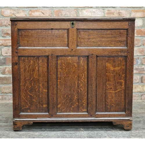 2370 - Tall antique oak blanket chest with fielded panel front and rising lid, H 84cm x W 89cm x D 48cm