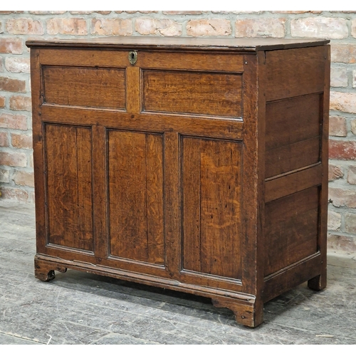 2370 - Tall antique oak blanket chest with fielded panel front and rising lid, H 84cm x W 89cm x D 48cm