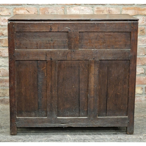 2370 - Tall antique oak blanket chest with fielded panel front and rising lid, H 84cm x W 89cm x D 48cm