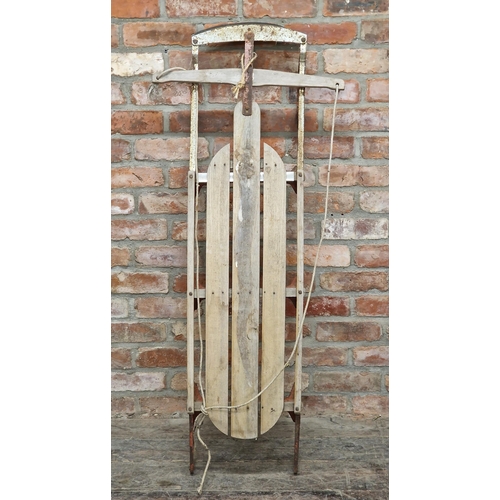 368 - Possibly American vintage wood and metal sledge, 134cm wide