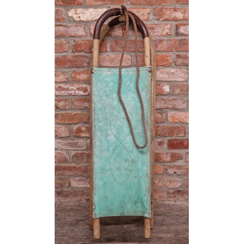 369 - Possibly military vintage wooden sledge with canvas seat, 126cm wide