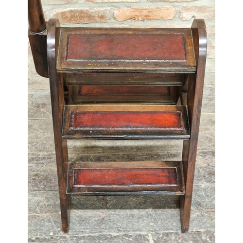 2372 - Antique mahogany library steps with five leather inset steps and pole, 113cm high