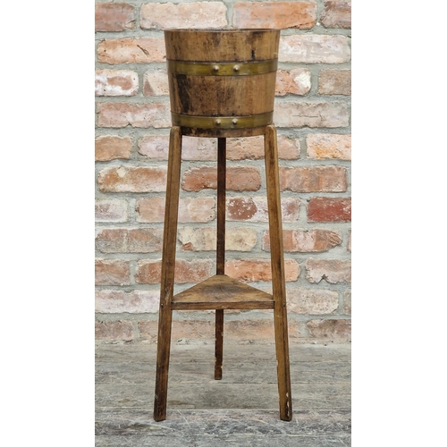 2373 - Lister and Co of Dursley antique oak coopered jardinière stand on tripod base, H 91cm x W 26cm