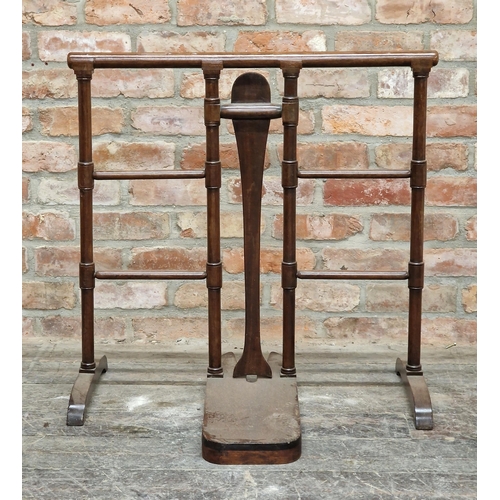 2374 - Antique mahogany clothes rail with boot jack, H 78cm x W 78cm x D 54cm