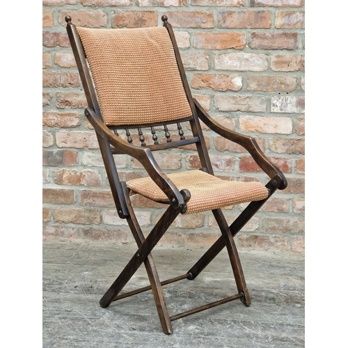 2375 - Early 20th century campaign style mahogany folding chair with upholstered seat and back, H 104cm x W... 