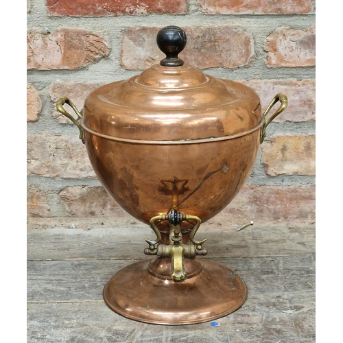 307 - Antique copper samovar H 36cm,  together with a copper bed warming pan H 114cm, and a copper coal ho... 