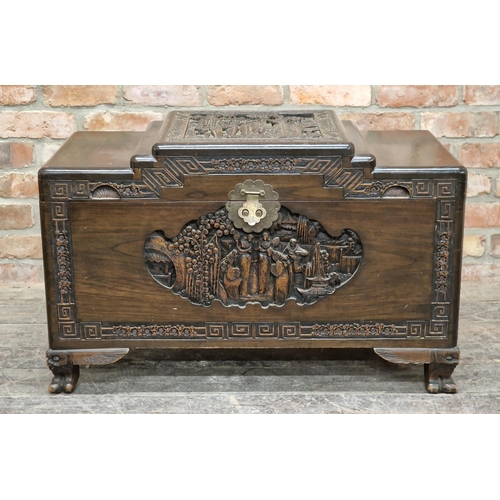 2376 - 20th century Oriental carved camphor wood blanket box with brass hinged lock, H 58cm x W 92cm x D 47... 