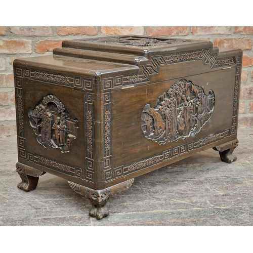 2376 - 20th century Oriental carved camphor wood blanket box with brass hinged lock, H 58cm x W 92cm x D 47... 