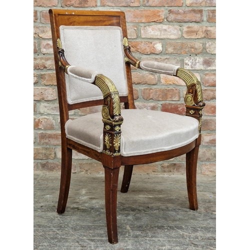 2377 - Empire style upholstered open armchair with gilt painted detail raised on sabre legs, H 97cm x W 59c... 