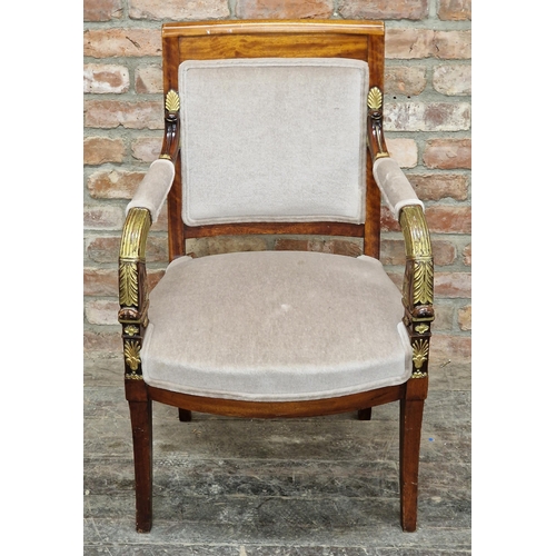 2377 - Empire style upholstered open armchair with gilt painted detail raised on sabre legs, H 97cm x W 59c... 