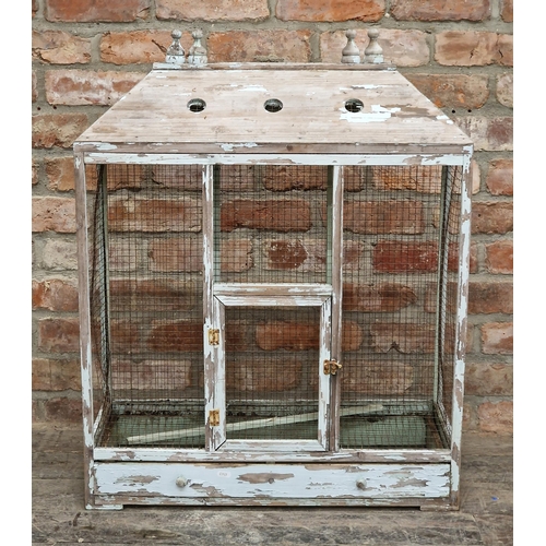 383 - Architectural wire work birdcage with distressed painted finish, H 90cm x W 72cm x D 31cm