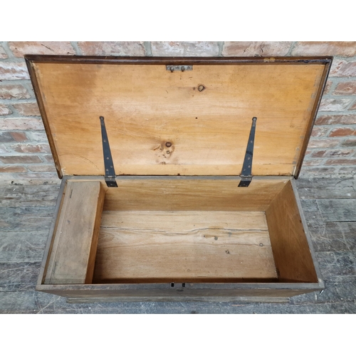 2381 - Antique pine blanket box with candle box, H 45cm x W 104cm x D 48cm