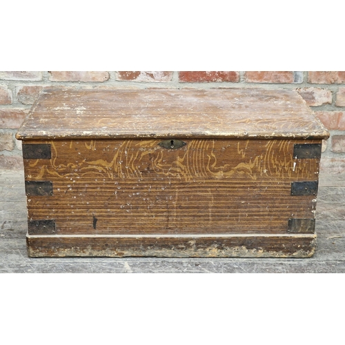 2382 - Antique pine metal bound blanket box, H 41cm x W 87cm x D 47cm