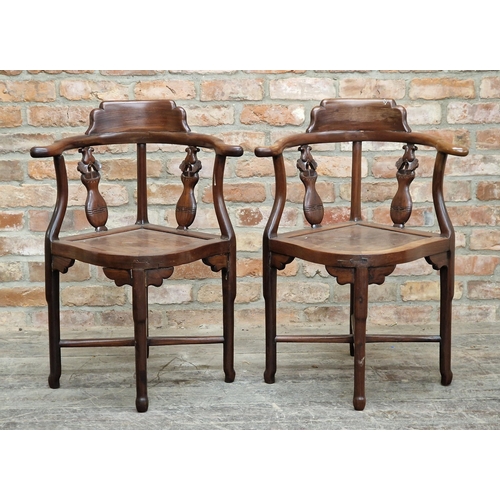 2385 - Pair of Chinese hardwood corner chairs, H 84cm x W 61cm x D 54cm (2)