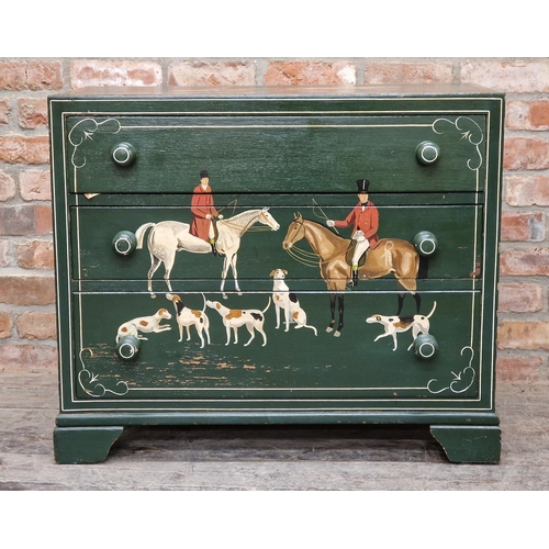 2386 - 20th century painted pine chest of drawers with hunting scenes and three long drawers, H 75cm x W 89... 