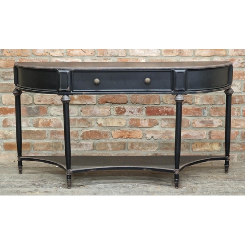 2389 - Contemporary Regency style metal bow front two tier console table with single frieze drawer, H 79cm ... 