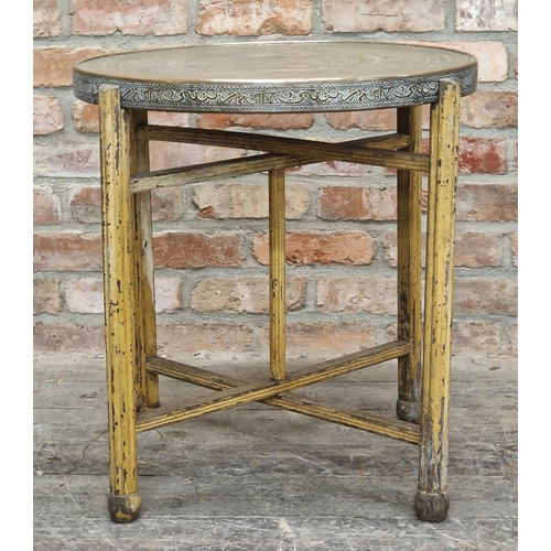 2390 - Eastern brass tray top table on folding base, H 65cm x W 60cm