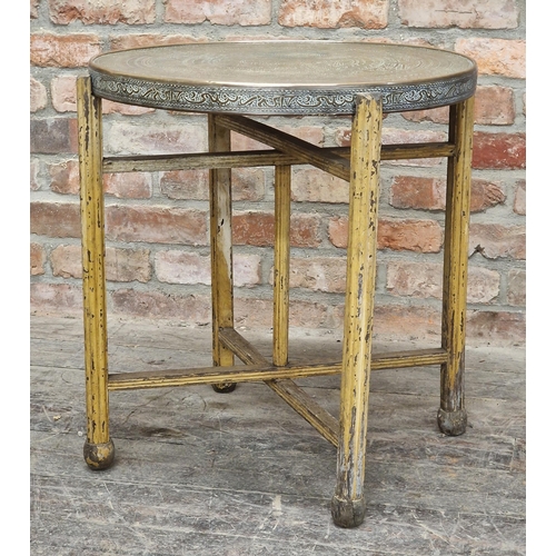 2390 - Eastern brass tray top table on folding base, H 65cm x W 60cm