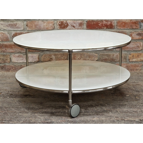 2253 - Vintage aluminium two tier coffee table with opaque white glass tops, raised on castors, H 40cm x W ... 