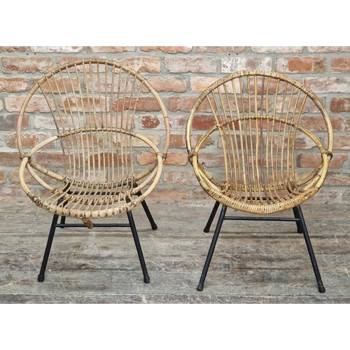 2254 - Matched pair of vintage rattan armchairs on black metal frames, H 78cm (largest) (2)