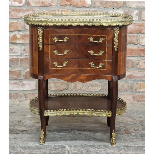 2391 - French Louis XV style kingwood kidney shape side table/chest with marble top, gilt metal gallery and... 