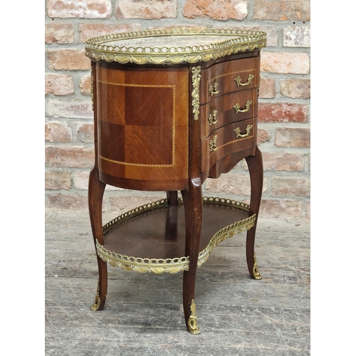 2391 - French Louis XV style kingwood kidney shape side table/chest with marble top, gilt metal gallery and... 