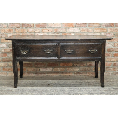 2411 - 18th century oak low sideboard/dresser fitted with two deep drawers, H 77cm x W 160cm x D 66cm