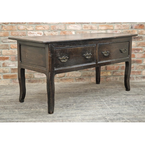 2411 - 18th century oak low sideboard/dresser fitted with two deep drawers, H 77cm x W 160cm x D 66cm