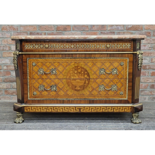 2412 - French Louis XVI style kingwood marquetry marble topped commode, three drawers with applied gilt met... 