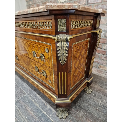 2412 - French Louis XVI style kingwood marquetry marble topped commode, three drawers with applied gilt met... 