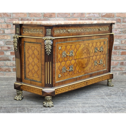 2412 - French Louis XVI style kingwood marquetry marble topped commode, three drawers with applied gilt met... 