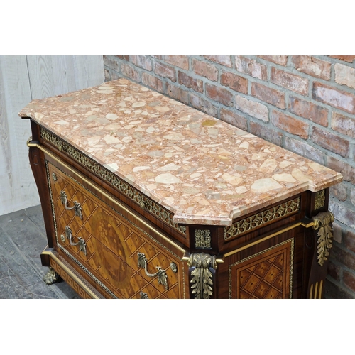 2412 - French Louis XVI style kingwood marquetry marble topped commode, three drawers with applied gilt met... 