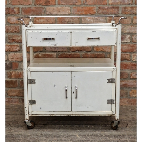 2256 - Vintage industrial aluminium medical trolley with white painted finish, H 90cm x W 86cm x D 51cm