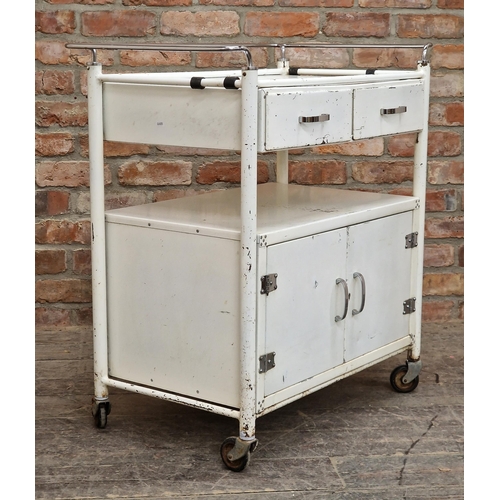 2256 - Vintage industrial aluminium medical trolley with white painted finish, H 90cm x W 86cm x D 51cm