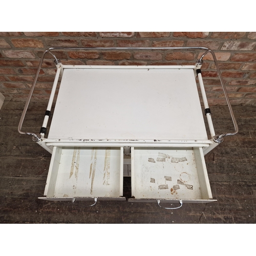 2256 - Vintage industrial aluminium medical trolley with white painted finish, H 90cm x W 86cm x D 51cm