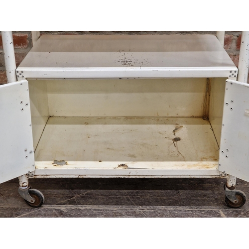 2256 - Vintage industrial aluminium medical trolley with white painted finish, H 90cm x W 86cm x D 51cm