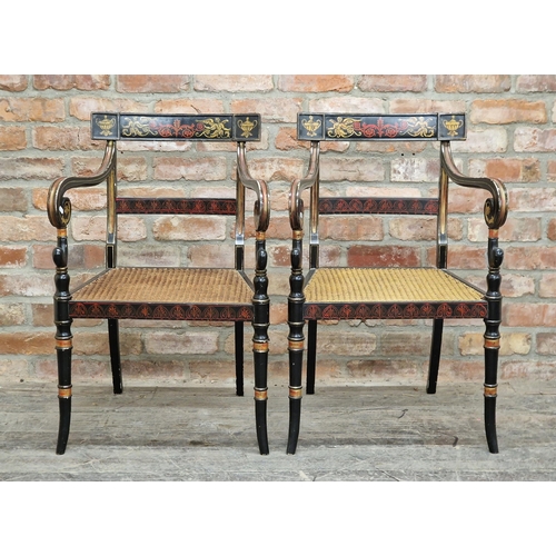 2414 - Pair of Regency style ebonised armchairs with gilt decoration and cane seats, H 85cm x W 53cm x D 50... 