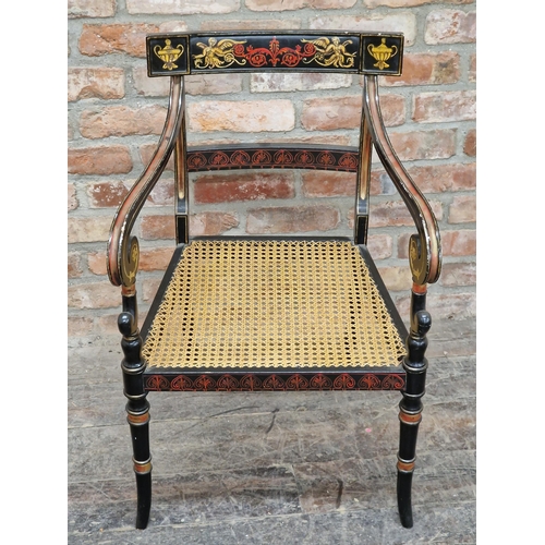 2414 - Pair of Regency style ebonised armchairs with gilt decoration and cane seats, H 85cm x W 53cm x D 50... 