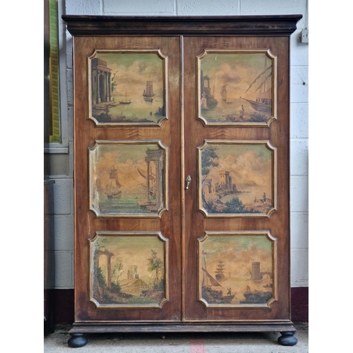 2418 - Decorative mahogany two door hall cupboard with painted inset panels of Italian scenes and flowers, ... 