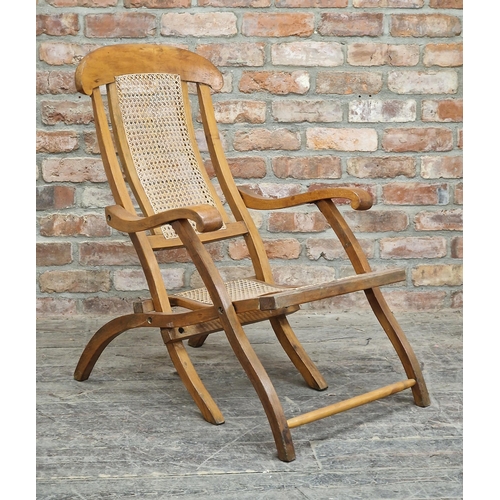 2420 - Antique folding campaign steamer chair with cane seat and back, H 90cm x W 59cm x D 82cm