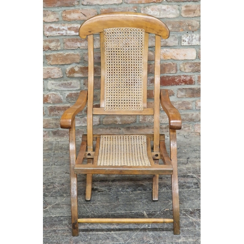 2420 - Antique folding campaign steamer chair with cane seat and back, H 90cm x W 59cm x D 82cm