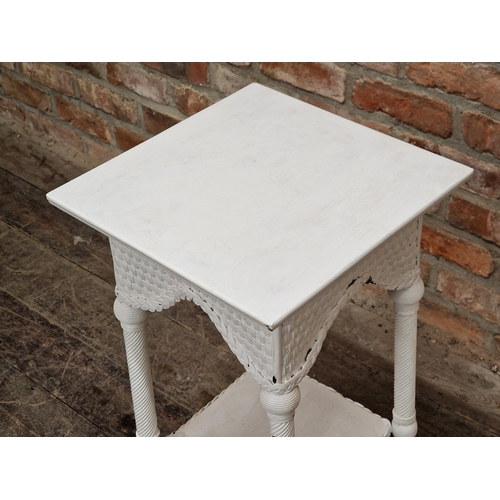 2421 - Painted two tier side table with spiral twist supports and basket weave rattan detail, H 71cm x W 38... 