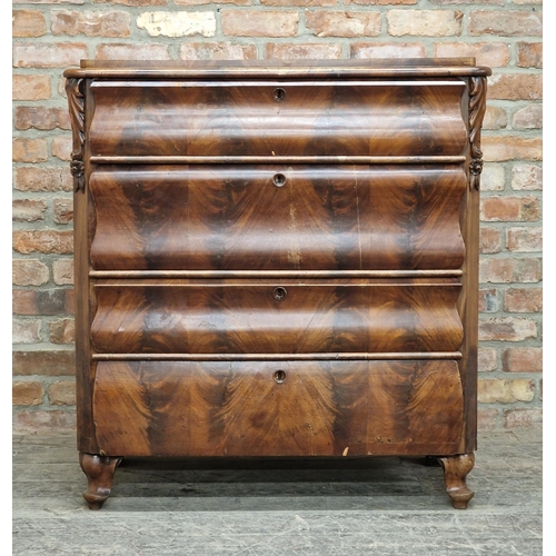 2422 - 19th century Biedermeier style flame mahogany chest of four drawers, H 109cm x W 102cm x D 53cm