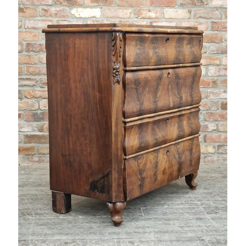 2422 - 19th century Biedermeier style flame mahogany chest of four drawers, H 109cm x W 102cm x D 53cm