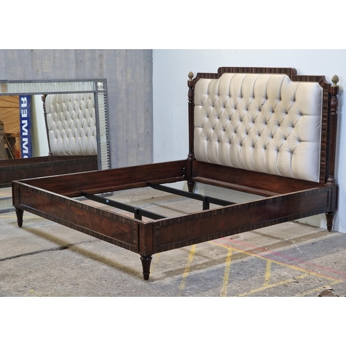 2424 - Theodore Alexander oversized bed frame with cushioned headboard, turned columns and pineapple finial... 