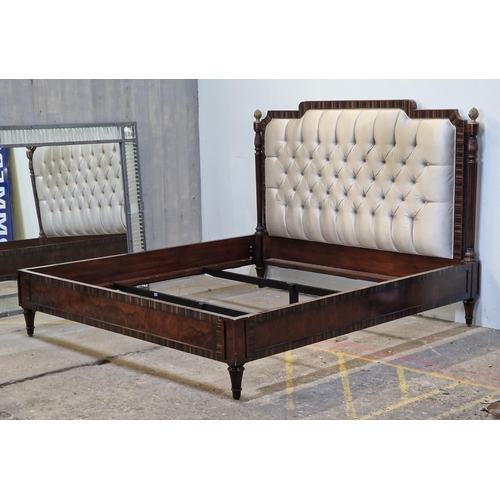 2424 - Theodore Alexander oversized bed frame with cushioned headboard, turned columns and pineapple finial... 