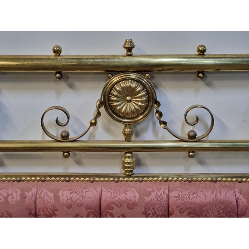 2426 - Victorian brass bedstead with iron side rails, cushioned head and footboard, studded edging, raised ... 