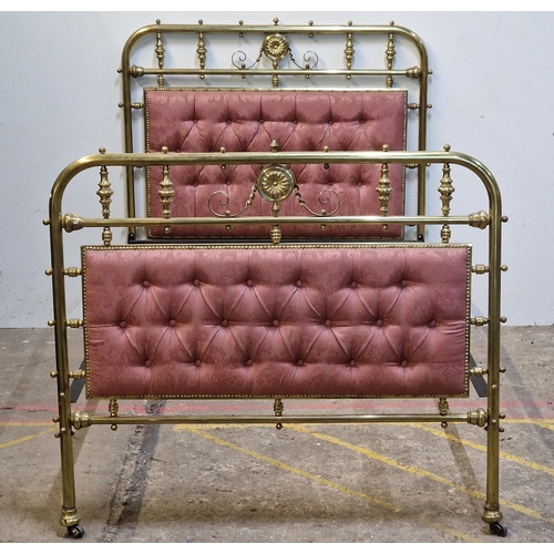 2426 - Victorian brass bedstead with iron side rails, cushioned head and footboard, studded edging, raised ... 